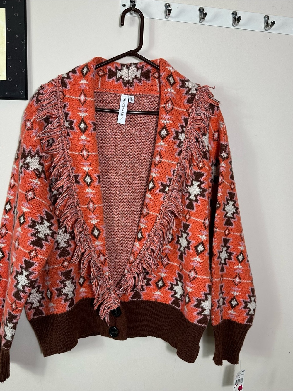 Patterned Orange Fringe-Trim Cardigan Sweater by Grace Elements